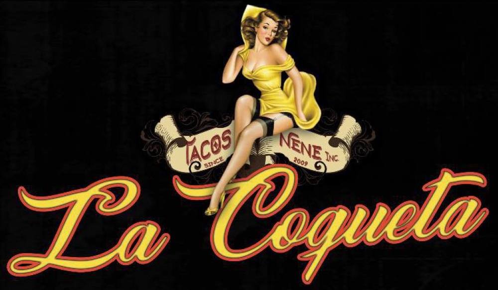 Text saying 'La Coqueta', Logo showing a woman rocking curls dressed in yellow dress and heels